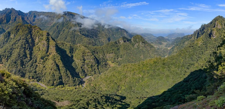 Blick vom Aussichtspunkt Balcões auf die grünen Berge Madeiras bei Ribeiro Frio